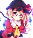 1girl :&lt; alternate_costume ascot asymmetrical_hair asymmetrical_wings bespectacled black_hat blonde_hair dress flandre_scarlet glasses heart heart-shaped_pupils looking_at_viewer mob_cap puffy_short_sleeves puffy_sleeves red_dress red_eyes short_sleeves side_ponytail solo solo_focus symbol-shaped_pupils touhou vebonbon wings 