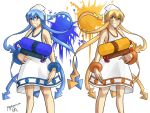  1girl 2girls alternate_color blue_eyes blue_hair dress dual_persona grin ikamusume long_hair multiple_girls nintendo nintendo_ead onirice_akaichi orange_eyes orange_hair parody shinryaku!_ikamusume smile solo splatoon super_soaker tentacle_hair tv_tokyo white_dress 