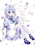  1girl alice_(wonderland)_(cosplay) animal_ears apron blue_eyes blue_hair blue_shoes blush_stickers card collar dress frilled_dress frills gochuumon_wa_usagi_desuka? highres kafuu_chino long_hair looking_at_viewer maid playing_card polka_dot polka_dot_background puffy_short_sleeves puffy_sleeves rabbit_ears ribbon short_sleeves sitting socks solo spoon spoon_in_mouth striped striped_legwear thighhighs tippy_(gochuumon_wa_usagi_desuka?) very_long_hair wrist_cuffs 