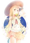  1girl blonde_hair blush buttons dress food fruit hat highres long_hair mouth_hold nmaaaaa orange original scrunchie skirt solo strap_slip yellow_eyes 