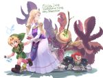 1girl 2boys ario blonde_hair blood blue_eyes boots bottle dress earrings elbow_gloves fairy ganondorf gloves gohma hat highres jewelry link long_dress long_hair multiple_boys navi ocarina_of_time open_mouth pincers pointy_ears princess_zelda the_legend_of_zelda white_gloves