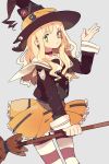  1girl blonde_hair broom buttons earrings frilled_skirt frills green_eyes grey_background hat highres jewelry long_hair long_sleeves original pantyhose pikaro sailor_collar simple_background skirt skull striped striped_legwear witch witch_hat yellow_skirt zipper 