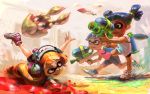  battle bike_shorts blue_eyes blue_hair flat_chest gameplay_mechanics headphones inkling long_hair mask orange_eyes orange_hair paint_splatter pointy_ears running shoes slime smile sneakers splatoon squid super_soaker tentacle_hair twintails zunda_(kushidango) 