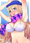  1girl arms_up beret bikini blonde_hair blue_eyes blush full-face_blush hat highres k-on! kotobuki_tsumugi long_hair misibe scarf swimsuit 