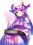  1girl blue_ribbon book crescent crescent_hair_ornament hair_ornament hair_ribbon hat hat_ribbon long_hair magic_circle patchouli_knowledge purple_hair red_ribbon ribbon simple_background sitting solo striped touhou violet_eyes white_background yusano 