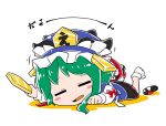  1girl blush_stickers byourou chibi green_hair hat lying ribbon rod_of_remorse shikieiki_yamaxanadu short_hair simple_background skirt solo touhou white_background 