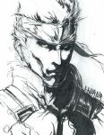  1boy darshima face headband highres metal_gear_(series) metal_gear_solid monochrome official_style solid_snake solo traditional_media 