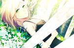  1girl achiki blonde_hair grass green_eyes looking_at_viewer lying on_back solo 
