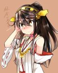  1girl alternate_hairstyle black_hair blush brown_eyes choker detached_sleeves hand_on_own_head haruna_(kantai_collection) kantai_collection long_hair nontraditional_miko ponytail simple_background solo sweat tagme translation_request tsukui_kachou wavy_mouth 