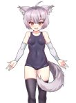  1girl ahoge animal_ears black_legwear blush breasts brown_eyes open_mouth original school_swimsuit serin199 short_hair silver_hair simple_background smile solo swimsuit tail thighhighs white_background wolf_ears wolf_tail 