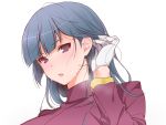  adjusting_hair akira_(natsumemo) blue_hair breath gloves lips natsume_(pokemon) pokemon sweat violet_eyes 