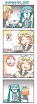  3girls 4koma =_= ^_^ blonde_hair carrying chibi_miku closed_eyes comic gloom_(expression) green_hair hair_ornament hatsune_miku headphones kagamine_rin long_hair minami_(colorful_palette) multiple_girls necktie open_mouth sailor_collar short_hair silent_comic smile sweat tagme translation_request trembling twintails weighing_scale |_| 