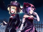  &gt;:d 2girls :d blonde_hair bowtie dress elbow_gloves fang fence formal full_moon gloves gyokuto_b hair_tubes hand_in_pocket hat jewelry moon moriya_suwako multiple_girls necklace night night_sky open_mouth pant_suit profile purple_hair red_dress red_eyes remilia_scarlet short_hair sky smile suit touhou tuxedo white_gloves 