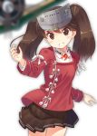  1girl airplane blurry brown_eyes brown_hair cowboy_shot depth_of_field foreshortening grin hyuuga_azuri kantai_collection long_hair magatama ryuujou_(kantai_collection) skirt smile solo twintails visor_cap 