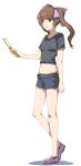  1girl alternate_costume bow brown_eyes brown_hair casual cellphone contemporary crop_top hair_bow hat himekaidou_hatate kamukamu loafers long_hair midriff navel open_mouth phone pointy_ears shoes short_shorts shorts small_breasts solo tokin_hat touhou twintails 