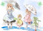  4girls alice_margatroid black_dress blonde_hair blue_dress blue_eyes boots braid bunny_print child clover commentary_request dress four-leaf_clover hair_ribbon hat hat_with_ears highres hourai_doll kirisame_marisa leaf_umbrella long_sleeves multiple_girls open_mouth parasol puddle rain raincoat red_dress revision ribbon rubber_boots shanghai_doll shunsuke single_braid smile touhou umbrella wide_sleeves yellow_eyes 