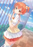  1girl cityscape clouds dress dutch_angle fence hair_bobbles hair_ornament hoshizora_rin hyuuga_azuri looking_at_viewer love_live!_school_idol_project orange_hair railing rooftop short_hair side_ponytail sky smile solo tile_floor tiles tree white_legwear yellow_eyes 