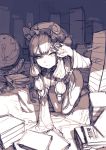  1girl all_fours book crescent crescent_hair_ornament globe hair_ornament hair_ribbon hat junwool long_hair looking_at_viewer messy_room monochrome patchouli_knowledge ribbon shading_eyes sketch solo touhou 