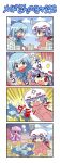  &gt;:d &gt;_o ... 3girls 4koma :d alternate_costume anger_vein aqua_hair bat_wings blue_eyes bow cirno colonel_aki comic crescent flying_sweatdrops godzilla_(cosplay) godzilla_(series) hair_bow hair_ornament hair_ribbon hat head_bump hitting holding long_hair megaphone mob_cap multiple_girls one_eye_closed open_mouth parody patchouli_knowledge purple_hair red_eyes remilia_scarlet ribbon scarf short_hair silent_comic smile standing sweat sweatdrop touhou translated trembling very_long_hair wavy_mouth wings 
