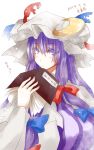  1girl blush book bow crescent_hair_ornament hair_bow hair_ornament hat hat_bow highres kinsenka long_hair patchouli_knowledge purple_hair solo touhou violet_eyes 