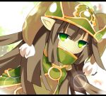  1girl bangs brown_hair covered_mouth gnome_(mon-musu_quest!) green_eyes hat hime_cut long_hair mon-musu_quest! payot pointy_ears solo zamudelin 