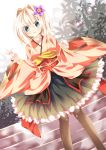  1girl blonde_hair blue_eyes clenched_hand dutch_angle flower flower_on_head hair_ornament leaf lolita_fashion nogi_takayoshi original short_hair solo stairs tagme v wa_lolita 