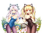  2girls animal_ears blonde_hair blue_eyes blush boku_wa_tomodachi_ga_sukunai bowtie breasts cat_ears cat_tail cleavage covered_navel fang hairband hasegawa_kobato heterochromia highres holding_hands leotard lolita_hairband multiple_girls open_mouth pantyhose serin199 silver_hair tail takayama_maria twintails wrist_cuffs 