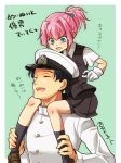  1boy 1girl ^_^ admiral_(kantai_collection) bike_shorts black_hair black_legwear blush carrying_over_shoulder closed_eyes gloves hat kantai_collection kneehighs military military_uniform open_mouth peaked_cap pink_hair pleated_skirt ponytail r-king school_uniform shiranui_(kantai_collection) short_hair skirt smile translation_request twitter_username uniform vest white_gloves 
