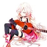  1girl 2_alice_2 blue_eyes boots braid choker detached_sleeves guitar ia_(vocaloid) instrument long_hair sitting skirt solo thigh-highs thigh_strap twin_braids very_long_hair vocaloid white_background white_hair 