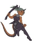 1girl basilisk blue_hair boots breasts club dark_skin demon_mages faulds horn jason_robinson lizard_tail monster_girl ponytail red_eyes sleeveless sleeveless_turtleneck solo spiked_club tail thigh-highs thigh_boots toned turtleneck weapon ziggy_kakziga