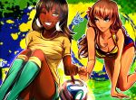  2014_fifa_world_cup 2girls blue_eyes brazuca breasts brown_eyes brown_hair cherryinthesun cleavage colombia ivory_coast long_hair multiple_girls one_eye_closed original smile world_cup 