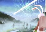  2girls animal_ears banner broom broom_riding commentary field flag flying fog highres kirisame_marisa long_hair master_spark medicine_seller mountain multiple_girls purple_hair rabbit_ears reisen_udongein_inaba sakana_(packetsjp) touhou tree 