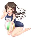  ball brown_hair highres long_hair one-piece_swimsuit open_mouth paopao smile swimsuit teeth yellow_eyes 