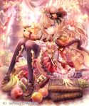  1girl apple banana book bow box brown_hair crown flower flower_on_head food frills fruit gift gift_box grapes hair_ornament long_hair looking_at_viewer melon orange original pear pineapple pleated_skirt shoes sitting skirt smile solo tagme thigh-highs torino_akua violet_eyes 