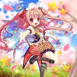  1girl :d boots cherry_blossoms fairy fairy_wings hair_ornament long_hair open_mouth original outstretched_arms petals pink_hair pointy_ears pumpkin_pants shiwasu_horio sky smile solo spread_arms star tagme twintails violet_eyes wings 