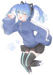  1girl animal_ears artist_name axent_wear blue_eyes blue_hair blush cat_ears ene_(kagerou_project) fake_animal_ears fang headphones kagerou_project long_hair marin_(myuy_3) oversized_clothes short_hair skirt solo thighhighs track_jacket twintails wink zettai_ryouiki 