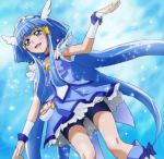  1girl aoki_reika bike_shorts blue_background blue_eyes blue_hair blue_skirt blush choker cure_beauty haruyama_kazunori long_hair magical_girl precure skirt smile smile_precure! solo tiara 