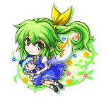  1girl blue_hair bow character_doll chibi cirno daiyousei dress fairy_wings flower green_eyes green_hair hair_bow hair_ribbon ice ice_wings kiki_fushigi long_hair looking_at_viewer ribbon short_hair side_ponytail simple_background smile solo touhou white_background wings 