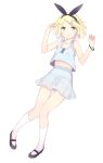  1girl alternate_costume armband bare_shoulders blonde_hair blue_eyes bow buttons checkered checkered_shirt checkered_skirt hair_bow hair_ornament hairclip kagamine_rin kojiki-life mary_janes midriff shoes short_hair simple_background skirt socks solo vocaloid white_background white_legwear 