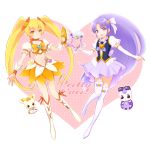  2girls arm_warmers blonde_hair boots brooch creature crop_top cure_fortune cure_sunshine earrings flower fortune_tambourine gurasan_(happinesscharge_precure!) hair_flower hair_ornament hair_ribbon happinesscharge_precure! heart heart_hair_ornament heartcatch_precure! hikawa_iona instrument jewelry knee_boots long_hair magical_girl multiple_girls myoudouin_itsuki nora_kichi orange_skirt potpourri_(heartcatch_precure!) precure puffy_sleeves purple_hair purple_skirt ribbon shiny_tambourine skirt smile tambourine thigh-highs thigh_boots twintails violet_eyes weapon_connection white_legwear wrist_cuffs yellow_eyes 