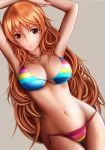 1girl arms_up bikini breasts brown_background brown_eyes brown_hair cleavage long_hair nami nannacy7 one_piece side-tie_bikini simple_background smile solo swimsuit 