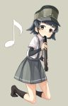  1girl abe_kanari arare_(kantai_collection) black_hair brown_eyes elbow_pads hat highres kantai_collection kneeling musical_note pleated_skirt school_uniform short_hair simple_background skirt solo suspenders tagme torpedo 