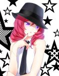  1girl bare_shoulders finger_to_face hat kisaragi_mizu long_hair love_live!_school_idol_project nail_polish necktie nishikino_maki parted_lips pink_hair solo violet_eyes 