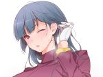  adjusting_hair akira_(natsumemo) blue_hair breath gloves lips natsume_(pokemon) one_eye_closed pokemon sweat violet_eyes 