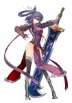  1girl ao_no_kiseki armor artist_request black_legwear blue_gloves boots dress eiyuu_densetsu fingerless_gloves full_body gauntlets gloves hair_ribbon huge_weapon jpeg_artifacts long_hair no_panties one_side_up purple_hair ribbon rixia_mao side_slit simple_background solo sword thigh-highs violet_eyes weapon white_background 