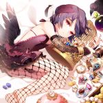 1girl black_wings cage elbow_pads fishnet_pantyhose fishnets gilse jewelry light_particles looking_at_viewer lying pantyhose pocket_watch raven_(animal) red_eyes rion_flina short_hair solo sword_girls tagme watch wings 