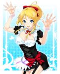  1girl apron arms_up ayase_eli blonde_hair blue_eyes bow bracelet breasts cleavage detached_collar earrings garter_straps hair_bow highres jewelry lipstick looking_at_viewer love_live!_school_idol_project makeup mattari_yufi open_mouth ponytail smile solo 