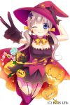  1girl :3 ;q black_cat black_skirt blue_eyes blush boots bow breasts brown_hair cat cleavage company_name corset daikan&#039;yama_ebisu detached_collar earrings gloves halloween hand_on_headwear hat jack-o&#039;-lantern jewelry long_hair one_eye_closed original pumpkin purple_legwear ribbon shinki_kakusei_melty_maiden skirt smile solo standing_on_one_leg thigh-highs thigh_boots tongue tongue_out twintails v white_background witch_hat 