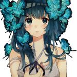  1girl bare_shoulders blue_eyes blue_hair blush butterfly butterfly_on_head crying cutting_hair highres lingmuzi long_hair looking_at_viewer original scissors solo tears 
