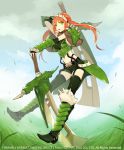  1girl breasts dual_wielding garter_straps gauntlets green_eyes hair_ornament hairband long_hair mami navel original redhead shorts solo sword tagme twintails weapon weeds wind 